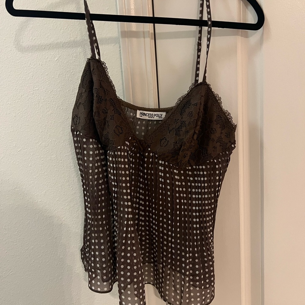 Brown Polka Dot Lace Trim Top